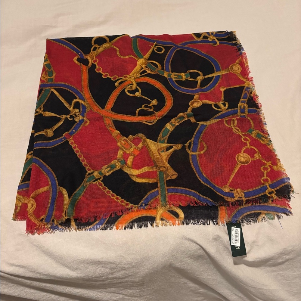 Lauren Ralph Lauren Bloomingdale's Wool Scarf 40”x40” Black & Red NWT